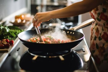 Close up of unrecognizable woman preparing lunch in the kitchen. Close up of unrecognizable woman preparing healthy meal in frying pan