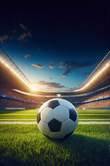 soccer ball on turf inside a stadium, night game, photo realistic illustration