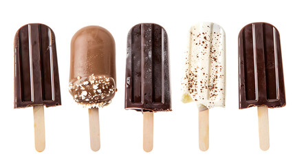 Set of unique summer chocolate popsicle and ice cream treats isolated on transparent background