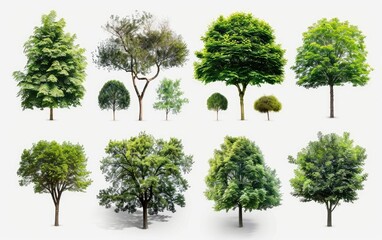 A collection of diverse isolated trees on a white background.