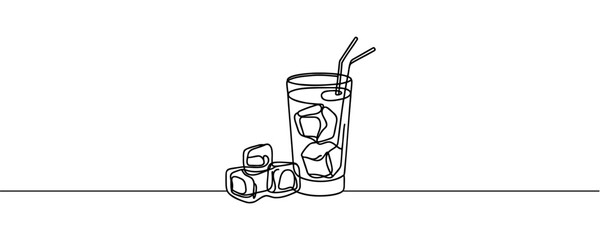 Glass of water with ice, old drink with a straw for drinking. Continuous one line drawing. Vector illustration.