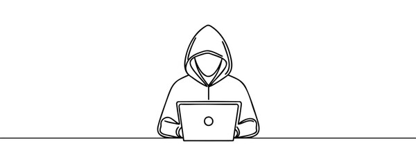 One line continuous cyber security hacker symbol. Silhouette of online financial security thief. vector illustration.