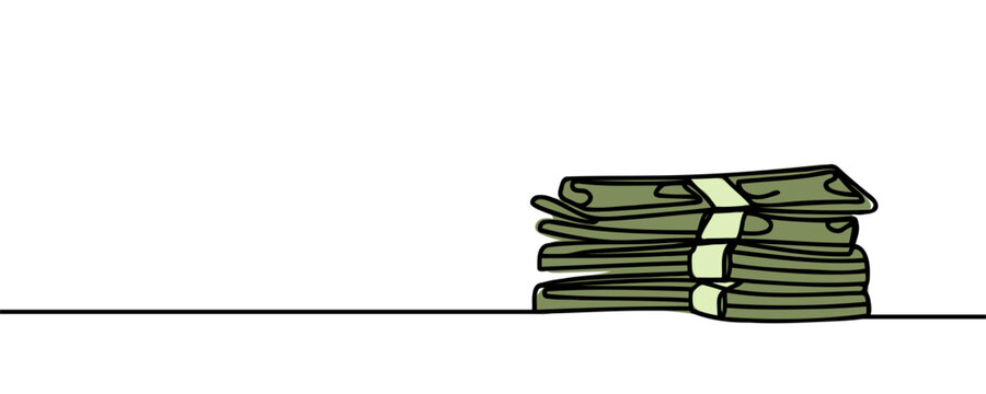 a stack of paper money, cash, banknotes, dollars, in one line. continuous line drawing of dollars