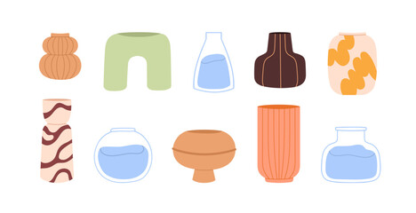 Fototapete - Modern empty flower vases set. Trendy style ceramic and glass designs. Home decor of various fashion shapes. Contemporary, decorative vessels. Flat vector illustration isolated on white background