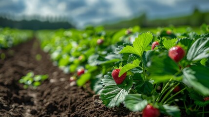 agricultural field growth, lush strawberry field with neatly planted rows of plants in green beds, thriving under the clear blue sky