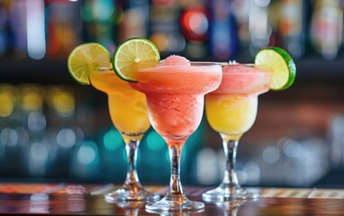 Colorful frozen cocktails with lime garnish on a bar counter.