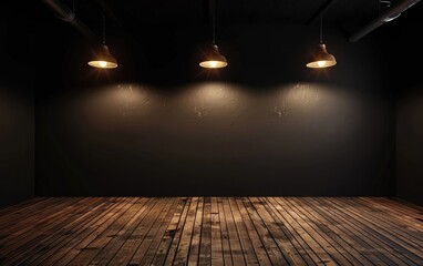 Dark room with wooden floor lit by three hanging lights.