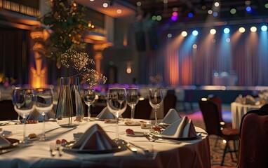 Elegant banquet hall, set tables with ambient lighting and stage.