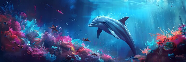 Dolphin in the water illustration, Beautiful, summer vibe, beach, ocean, sea, fish, background