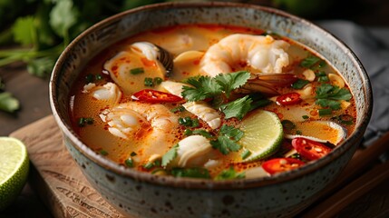 Wall Mural - Vietnamese food, Asia food Tom Yum tom yum soup with seafood fresh chilies, and lime. AI Generative