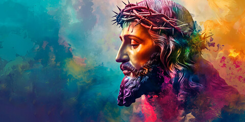 Wall Mural - Colorful side view portrait of Jesus Christ wearing the crown of thorns on colorful background with space for text. Can be used as background. Jesus Christ abstract artwork.