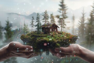 Two hands hold a charming, rustic cabin against a backdrop of vibrant digital graphics and floating icons, emphasizing a blend of tradition and futuristic technology.