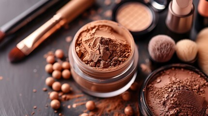 Poster - makeup products, cosmetic powders and makeup brushes 