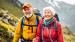 © Prompt2image - A serene elderly couple is hiking through the rugged mountains, surrounded by towering peaks and lush greenery, showing strength, love, and determination
