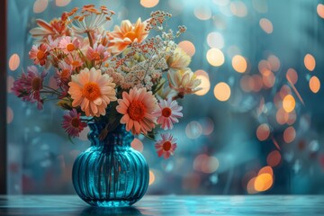 Bouquet of orange and pink gerbera flowers in blue vase on shiny bokeh background. Floral decoration and home decor concept for design and print.