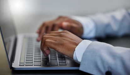 Poster - African, employee and laptop in hands for communication, typing and digital as entrepreneur. Career, person and closeup with connection on tech for email, networking or website for company or startup