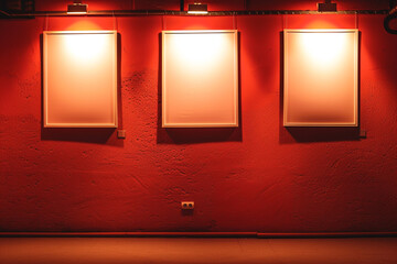 Chic red wall: three white frames, each illuminated by a sharp, white spotlight.