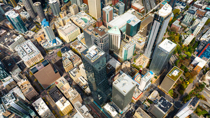 Wall Mural - American city Seattle aerial view. Washington state location downtown drone flying.