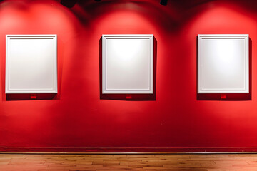 Display of elegance: three white frames on a softly polished red wall, accentuated by spotlights.