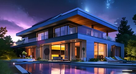 Modern home with photovoltaic solar panels for renewable energy efficiency. Concept Renewable Energy, Solar Panels, Modern Home, Energy Efficiency, Sustainability