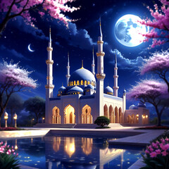 Wall Mural - Beautiful mosque at night with moon