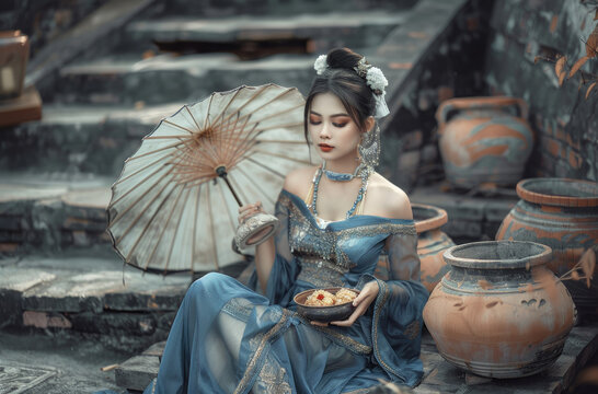 A Thai woman in traditional attire, holding an umbrella and a bowl of porridge while sitting on stone steps with ancient lamps surrounding her.