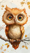 Painting of small owl with big eyes sitting on tree branch in autumn forest.