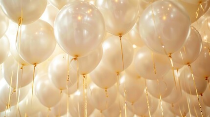 There are a lot of white balloons with gold string.

