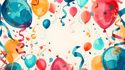 Canvas Print - Colorful Confetti Explosion Celebrating Vibrant Party Atmosphere with Balloons and Abstract Designs