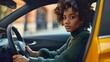 © Irina Ukrainets - Confident Young Woman Driving Yellow Car in City. Casual Fashion, Urban Lifestyle, and Modern Youth. Profile View of Curly-Haired Driver at the Wheel. AI