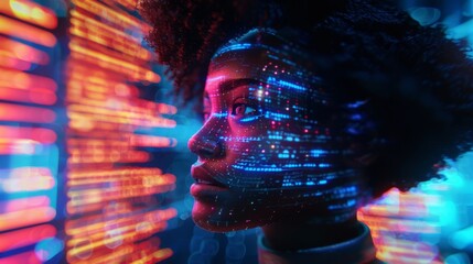 A Beautiful Futuristic 3D Hologram Cyberpunk Goddess Made Of Colorful Neon Lit Computer Programming Code
