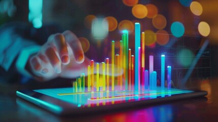 Aufkleber - A businessman analyzing colorful bar graphs on a tablet, reflecting growth trends in the market.