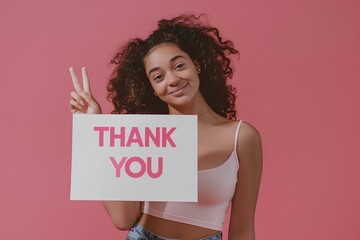 Wall Mural - In a well-lit studio setting, a young woman stands confidently against a pink backdrop. Clad in a simple white top, she holds a placard emblazoned with 