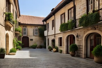 Wall Mural - A cobblestone courtyard overlooked by the tiled roofs of centuries-old townhouses, steeped in history