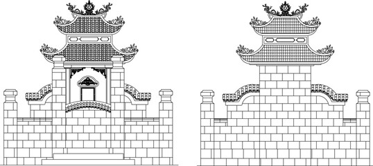 Wall Mural - Vector illustration sketch of traditional ethnic classic tomb with Vietnamese characteristics