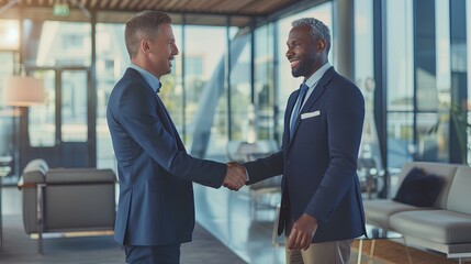 Wall Mural - Two businessmen shaking hands in a modern office setting, surrounded by a diverse team, representing a successful B2B partnership and celebrating a fruitful collaboration.