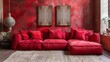 A red couch placed in a room with wood paneling. Perfect for interior design projects or furniture advertisements