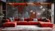 A red couch placed in a room with wood paneling. Perfect for interior design projects or furniture advertisements