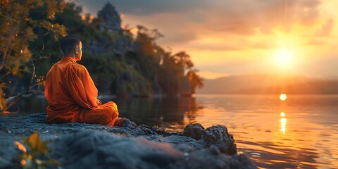 Wall Mural - Peaceful Monk Meditating in Serene Natural Landscape at Sunset with Reflection in Calm Lake