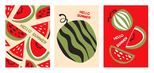 Wall Mural - Summer poster watermelon set in flat style. Fruits bright compositions. Set of flyers, posters, banners, placards, brochure design. Hello Summer backgrounds with slices of fruits.  Vector illustration