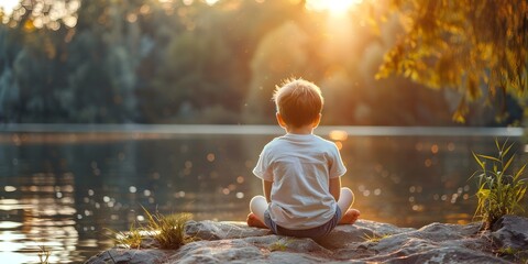 Poster - Young Boy Sitting in Peaceful Lakeside Meditation Practicing Mindfulness and Spiritual Awareness for Personal Growth and Well Being