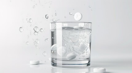 Effervescent tablets activated in water with dynamic fizz and bubbles isolated on white background