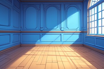 A cartoon-style room with blue walls, wooden floors, and two windows on the right side of the wall. 