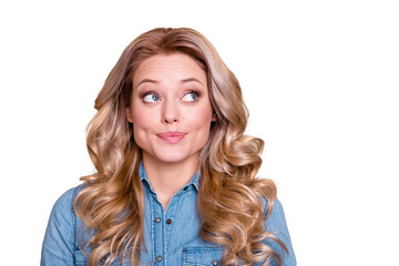 Close up photo funky amazing beautiful she her lady look up empty space feel sorry ponder pensive thoughtful thought dreamer wearing casual jeans denim shirt clothes outfit isolated grey background