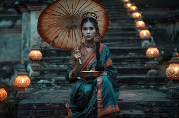 Canvas Print - A Thai woman in traditional attire, holding an umbrella and a bowl of porridge while sitting on stone steps with ancient lamps surrounding her.