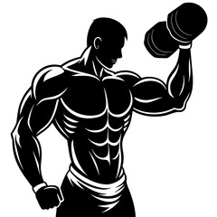 Silhouette of a bodybuilder holding a dumbbell at the gym and showcasing his muscular physique vector illustration 
