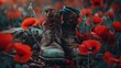 Worn Leather Boots in a Field of Poppies A Tribute to War Memories
