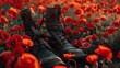 Worn Leather Boots in Field of Poppies A Tribute to Soldiers War Memories