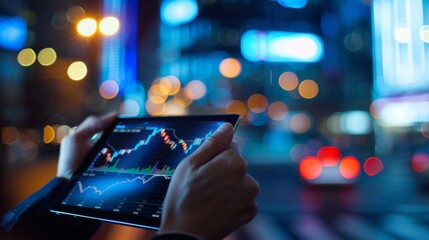 Poster - A hand holding a tablet displaying real-time stock market data, emphasizing the importance of staying informed in business.