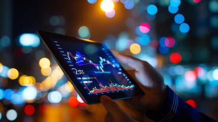 Leinwandbilder - A hand holding a tablet displaying real-time stock market data, emphasizing the importance of staying informed in business.